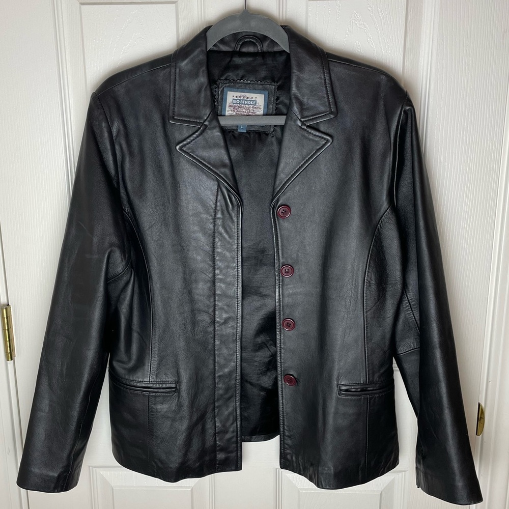 90s Vintage Perfect Big Stroke 100% Leather Jacket Black Dark Red Buttons Small